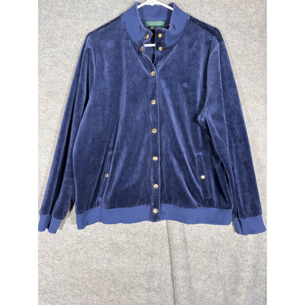 Lauren Ralph Lauren Navy Blue Velour Snap Front Jacket Plus Size 2X LRL Logo